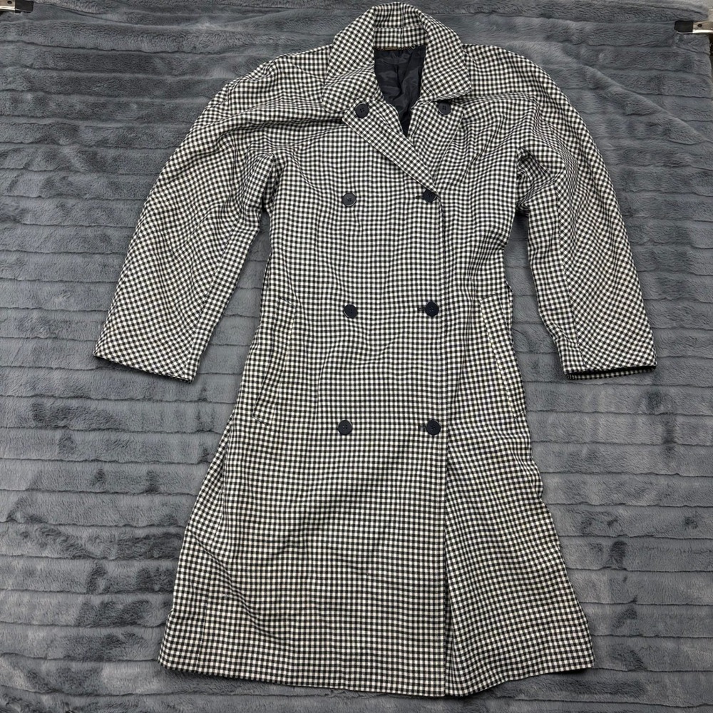 Mondi Vintage Gingham Double Breasted Trench Coat Wool Blend Black White EU 38